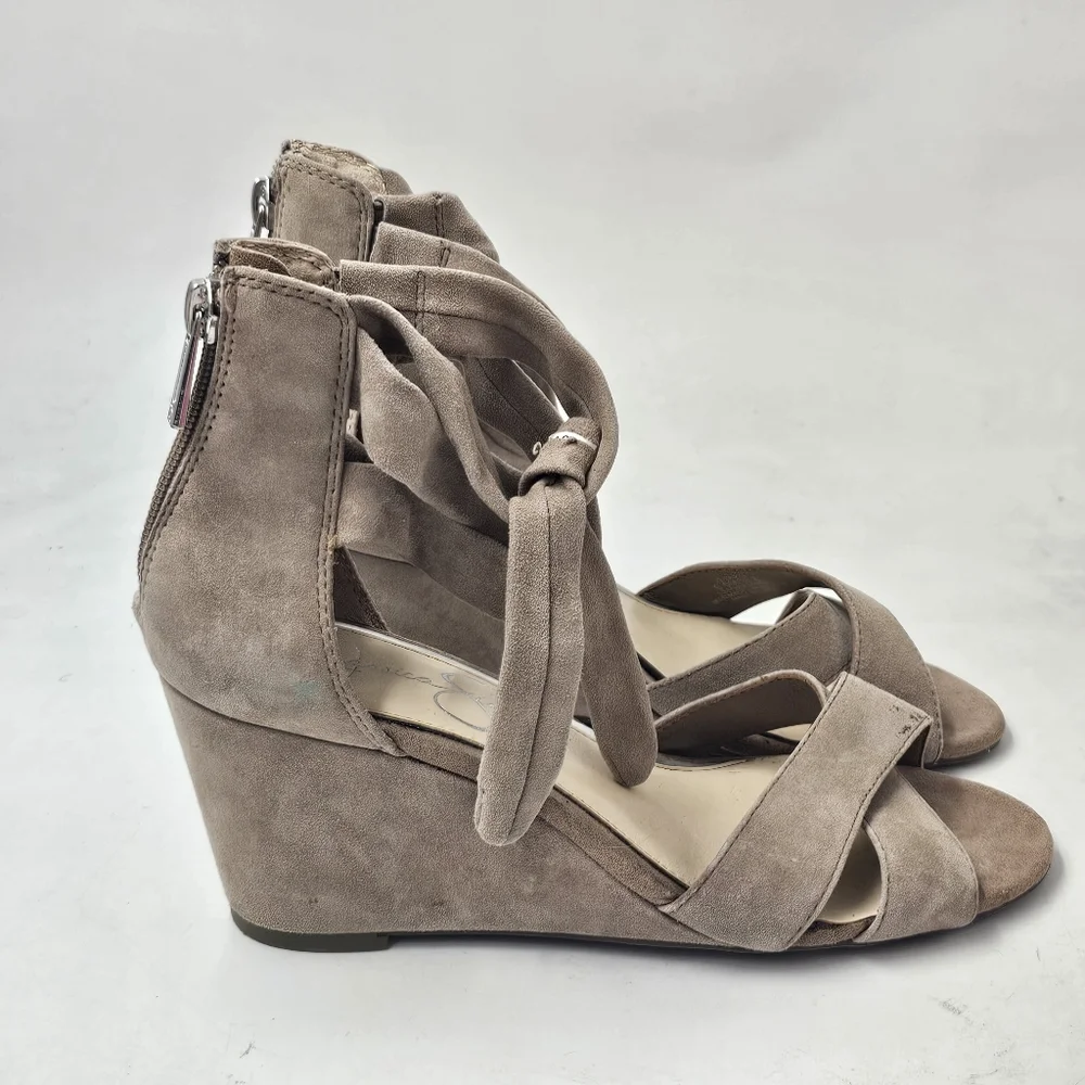 Jessica Simpson Cyrena Suede Wedge Sandal Womens 8.5 Warm Taupe Lace Up